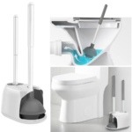 Set Perie WC si Pompa Desfundat WC, Chiuveta, Dus, Perie 360°, Ventuza Puternica,  Recipient pentru Scurgerea Apei, Perie WC cu Suport, Design Modern, Gri, 48x14.5x24cm